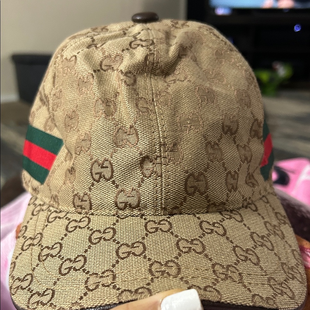 Gucci Tan Monogram Cap with Green and Red Stripes